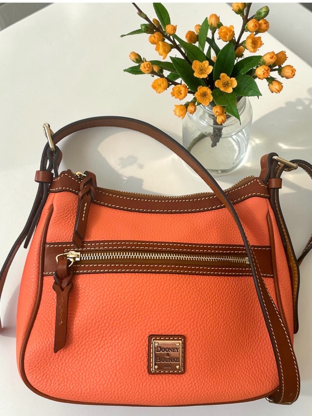Dooney & Bourke Small Presley Coral  Leather Crossbody & Brown Trim With Pocket